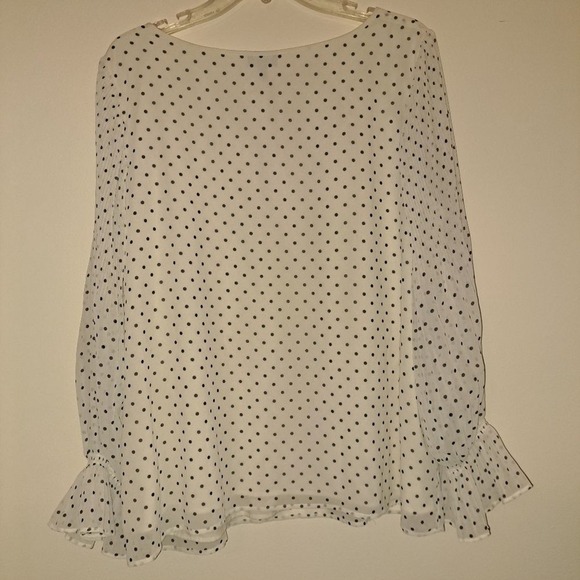 Talbots Plus Women 1X White Black Polka Dot Pleated Ruffle Sleeve Keyhole Blouse - Picture 6 of 7